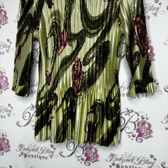Mini pleats magic scarf top pleated floral green purple stretchy soft shiny luxe - Picture 5 of 11
